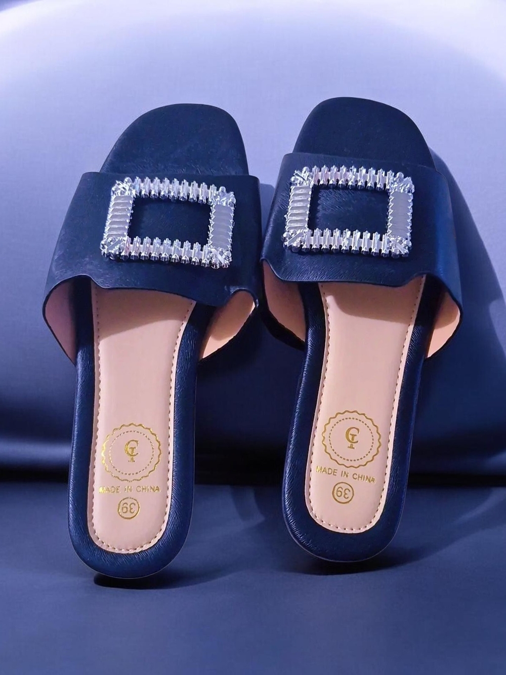 Women's Black Slide Mules with Crystal Buckle